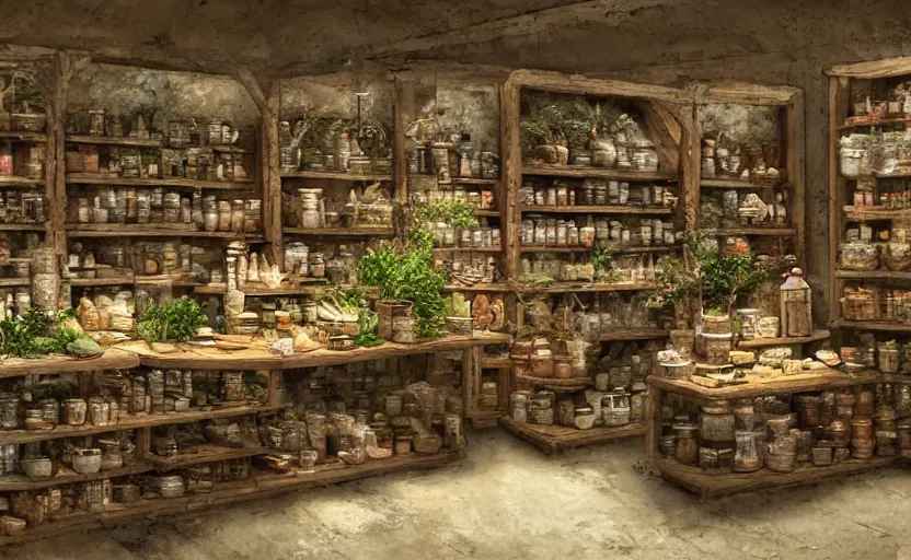 Image similar to an herbalist shop, adobe wall, a simple brick counter in the center, simple wood shelves, lots of jars and boxes of herbs, dark fantasy matte painting in the style of ruan jia and craig mullins