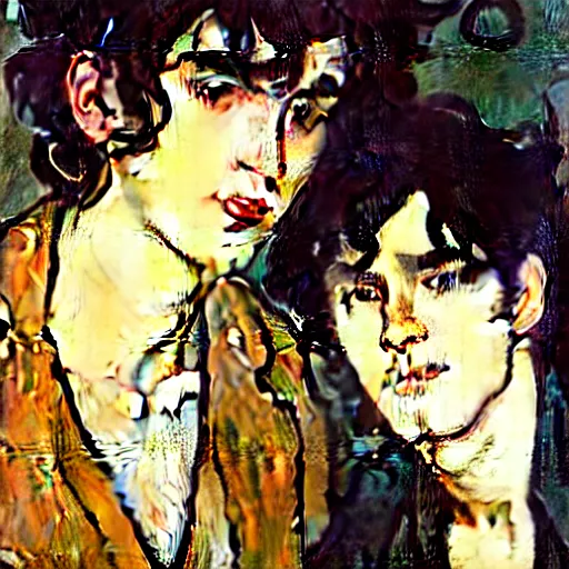 Image similar to painting of young cute handsome beautiful dark medium wavy hair man in his 2 0 s named shadow taehyung and cute handsome beautiful min - jun together at the halloween party, bubbling cauldron, candles, smoke, tarot, autumn colors, elegant, stylized, soft facial features, delicate facial features, art by alphonse mucha, vincent van gogh, egon schiele