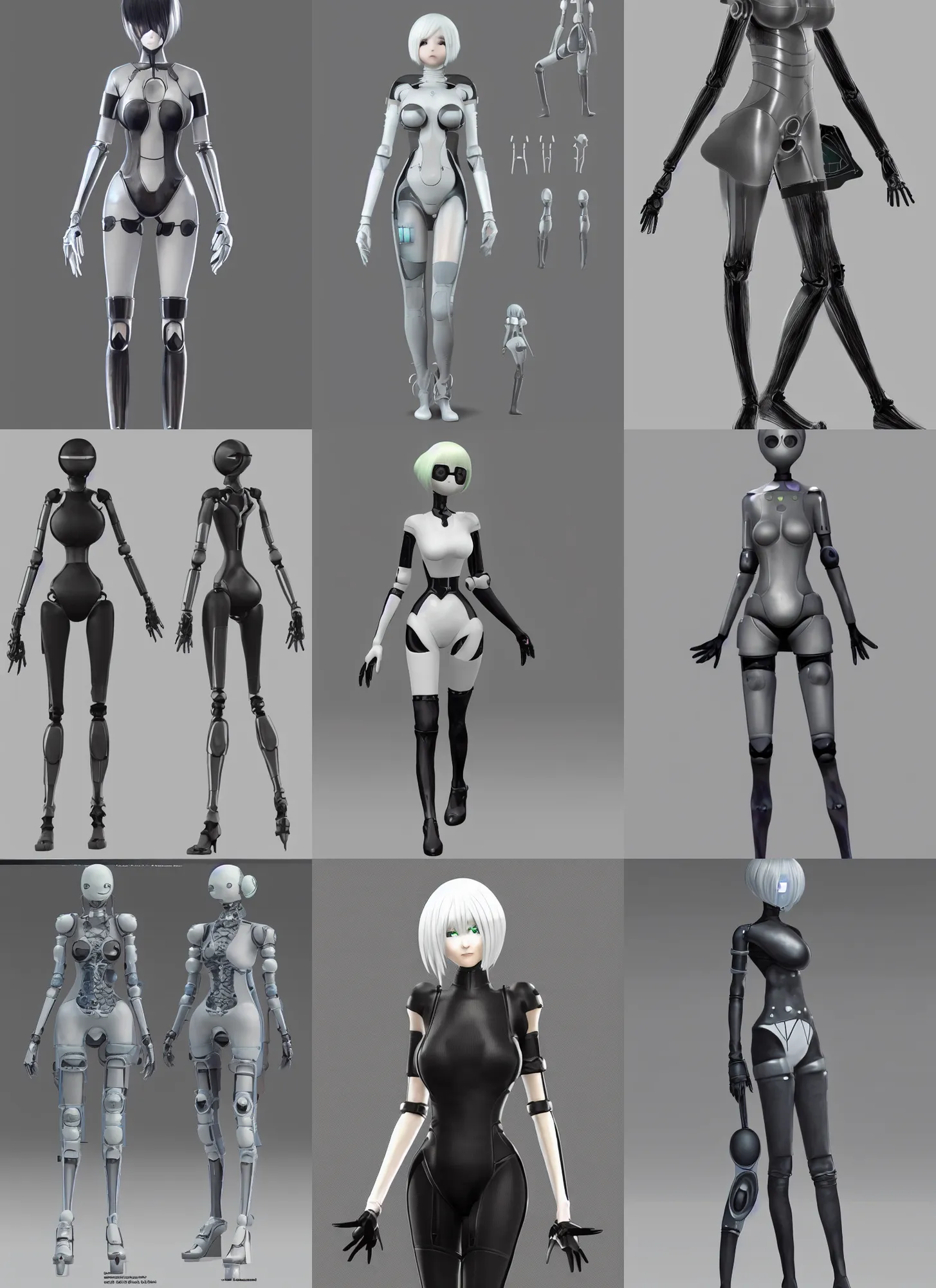 Prompt: CAD xray render of a realistic android companion modeled after 2B from Nier Automata (with influence from Gardevoir from pokemon) and with slender feminine body type, solidworks, catia, autodesk inventor, unreal engine, gynoid cad design inspired by Masamune Shirow and Nier Automata and Ross Tran, product showcase, octane render 8k