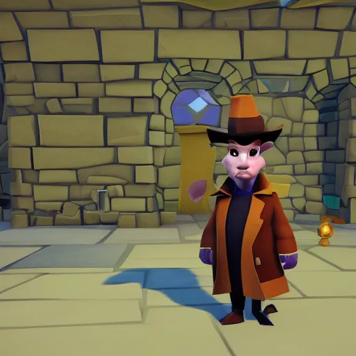 Image similar to screenshot of a humanoid inspector badger with a brown trenchcoat as an npc in spyro the dragon video game, with low poly playstation 1 graphics, upscaled to high resolution