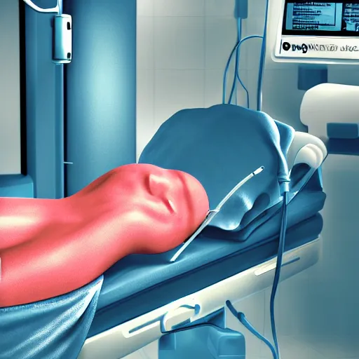 Image similar to IV station with patient in hospital bed getting blood transfusion, digital art