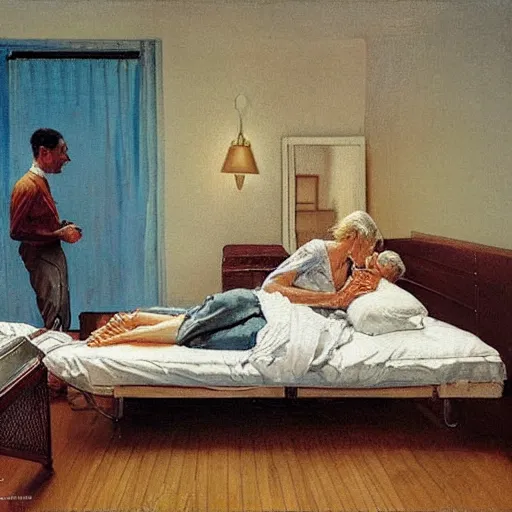 Prompt: “a man and a woman lying on a bed in an apartment in Copenhagen at night, staring at their phones, photorealistic oil painting by Norman Rockwell, trending on art station”