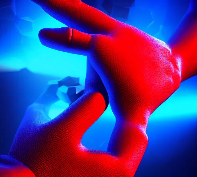 Prompt: render of a hand reaching of out a monitor, intricate, elegant, blue and white and red mist, highly detailed, dramatic lighting, sharp focus, octane render, trending on artstation, artstationhd, artstationhq, unreal engine, 4 k, 8 k