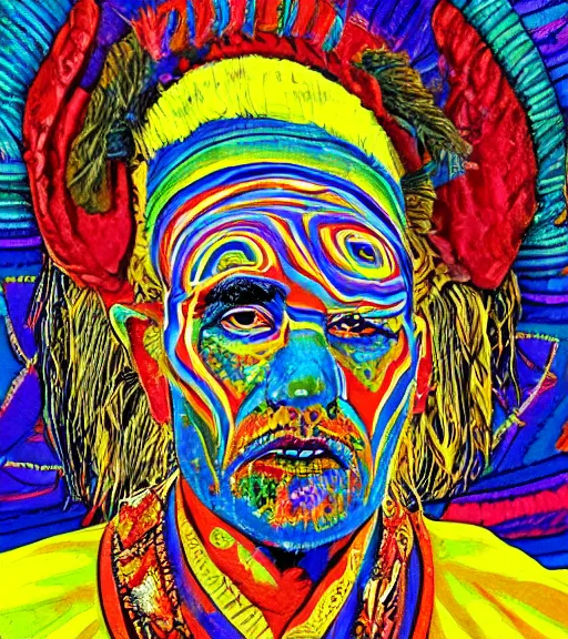 Prompt: Portrait painting in psychodelic style of an old shaman dressed in a colorful traditional clothes.