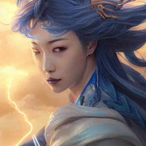 Image similar to japanese lightning goddess, wearing elemental energy d & d, blue color palette, highly detailed, digital painting, artstation, concept art, sharp focus, illustration, cinematic lighting, art by artgerm and greg rutkowski and alphonse mucha