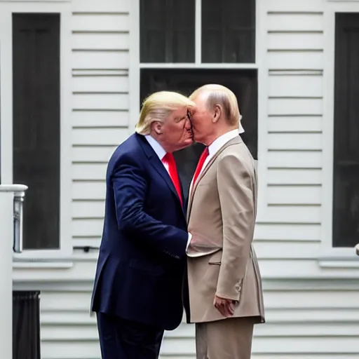 Prompt: telephoto candid cropped photo of trump kissing putin, zeiss 1 5 0 mm, sharp focus, natural lighting, ultra realistic, high definition 4 k photo