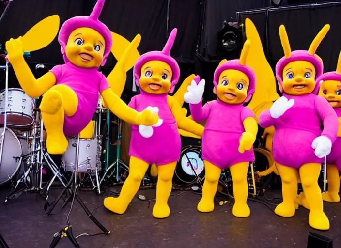 Image similar to photo still the teletubbies on stage at the vans warped tour!!!!!!!! at age 3 6 years old 3 6 years of age!!!!!!!! playing weird instruments, 8 k, 8 5 mm f 1. 8, studio lighting, rim light, right side key light