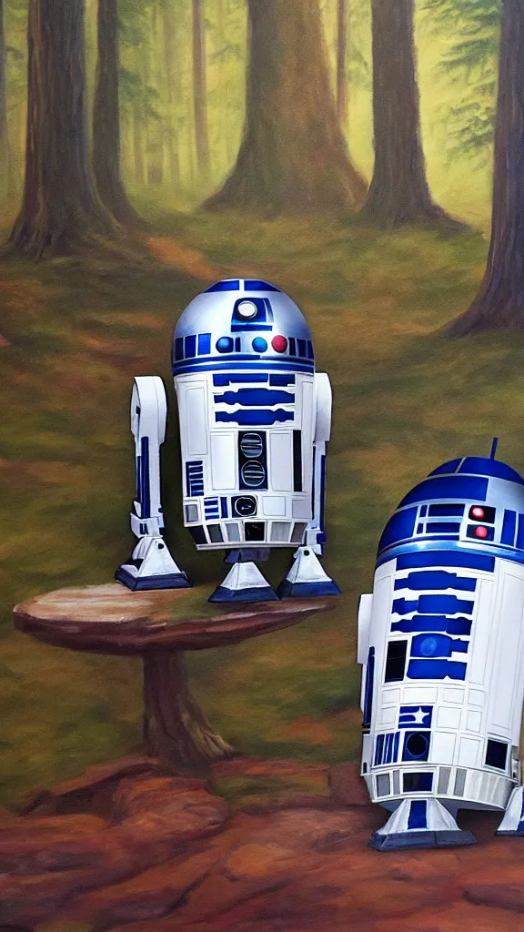 Image similar to an oil painting of r 2 - d 2 sitting by the fire at the ewok encampment, surrounded by trees. color harmony, 8 k detail, gallery quality, hd wallpaper, premium prints available, hyper - detailed, intricate design.