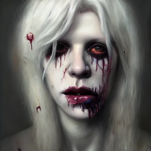 Image similar to portrait of young courtney love as a zombie with platinum blonde fluffy hair, 7 days to die zombie, gritty background, fine art, award winning, intricate, elegant, sharp focus, cinematic lighting, digital painting, 8 k concept art, art by michael hussar, art by brom, art by guweiz and z. w. gu, 8 k