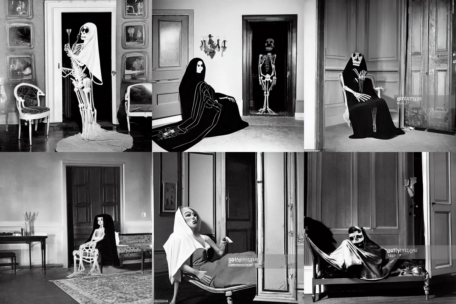 Prompt: photographic. room with a door. elegant 1940s diva sensually laying on a chaise longue having a martini in a hand. human skeleton wearing a hooded cape and black robe enters the room through the door