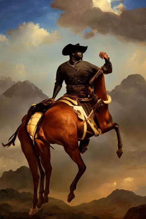 Prompt: a dramatic ethereal epic painting of a handsome black chubby cowboy on a horse | background is clouds and mountains | homoerotic, art deco, art nouveau, highly detailed | by Mark Maggiori, by William Herbert Dunton, by Charles Marion Russell | trending on artstation