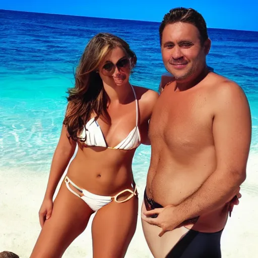 Image similar to photo of a 4 0 year old man that looks young for his age dating a very attractive 2 2 year old woman wearing a bikini.