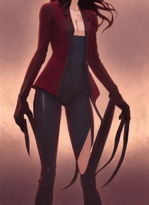 Image similar to concept art of a pretty young woman with shoulder length shiny shimmering dark red hair and wearing leather suit, concept art, t - pose, full body, path traced, highly detailed, high quality, digital painting, by studio ghibli and alphonse mucha, leesha hannigan, makoto shinkai, disney