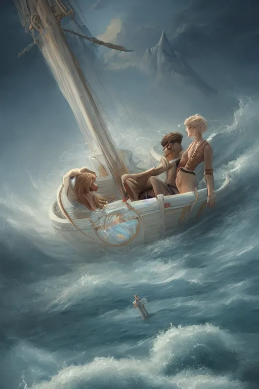 Image similar to breathtaking detailed soft painting of a drunken ship with mystical horrors, bathing in dreaming lactescent sea, alcohol with blue delirium skies, elegant, highly detailed, artstation, concept art, matte, sharp focus, art by tom bagshaw, and greg rutkowski