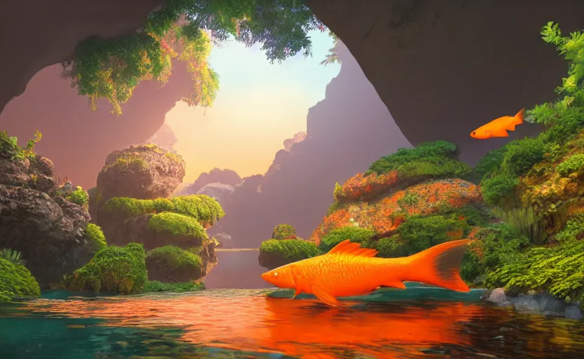 Image similar to a cave lake with some orange fish swimming inside, studio ghibli, pixar style, octane render, unreal engine 5, path traced, highly detailed, high quality, 8 k, soft lighting, godrays, complementary colors, natural lighting, water parallax, serene landscape, beautiful, elegant, digital painting