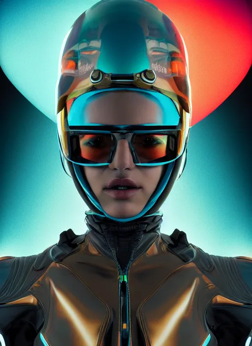 Image similar to symmetry! dynamic pose, closeup portrait of a cyborg racer girl, skintight leather racing jumpsuit, shoulder pads, cinematic light, backlight, teal orange, by gerald brom, clouds by mikhail vrubel, by peter elson, muted colors, extreme detail, trending on artstation, 8 k