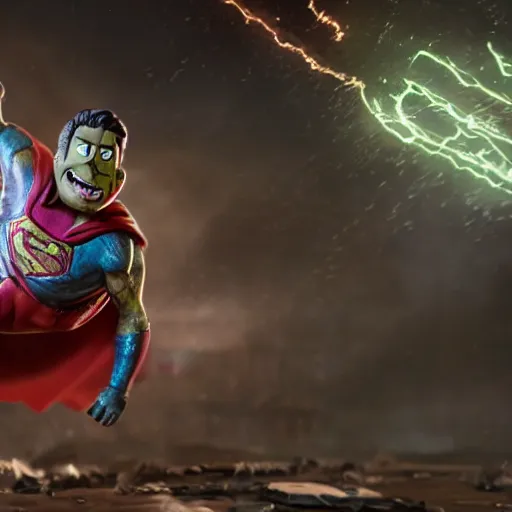 Image similar to pickle rick as superman! flying in ( gears of war ), splash art, movie still, detailed face, photorealistic facial features, cinematic lighting, dramatic, octane render, long lens, shallow depth of field, bokeh, anamorphic lens flare, 8 k, hyper detailed, 3 5 mm film grain