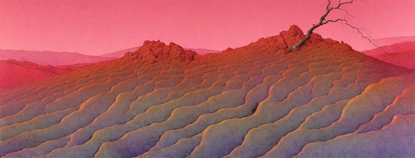 Prompt: a gorgeous desert painting of death valley by barlowe wayne maxfield parrish and marco mazzoni. tree no leaf!!!! china mountain village!! blue and very little light verdancy. the protruding pink clumps of rock. ultra clear detailed. 3 d, octane render. turbulent blood lake.