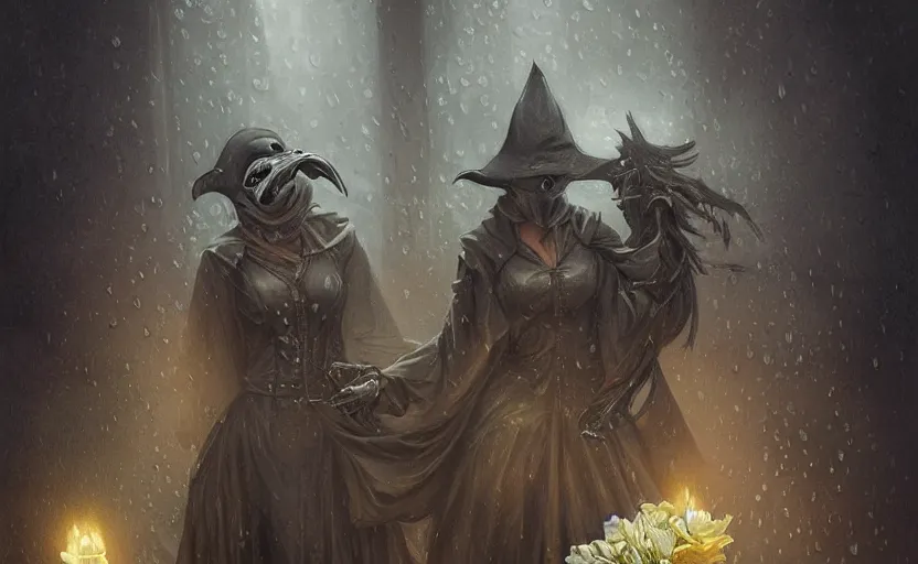 Image similar to female plague doctor holding flowers, heavy rain, wind, thunder, reflections, deep focus, d & d, fantasy, intricate, elegant, highly detailed, digital painting, artstation, concept art, matte, sharp focus, illustration, hearthstone, art by artgerm and greg rutkowski and alphonse mucha