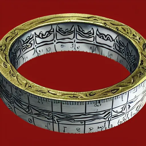 Image similar to the ring from lord if the rings with an imprinted ruler, cm scale imprinted on the inside of the ring, one ring to rule them all, highly detailed, 8 k, trending on artstation, mystic, rpg artwork