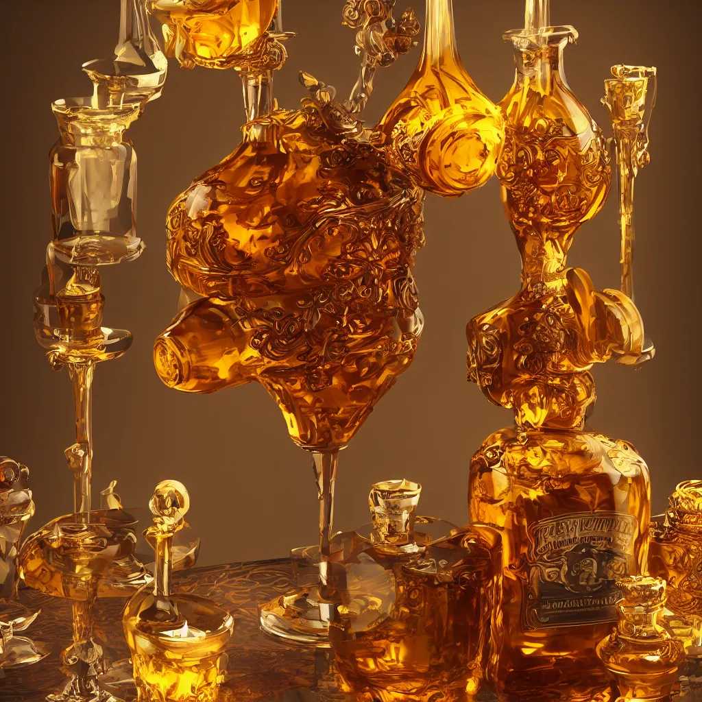 Prompt: photograph of an amber bottle of liqueur sits an ornate table between two ornate candles, 2700K very dim soft light, rim light, backlight, photographic , photorealism, professional photograph, deep focus, laser sharp, Octane render, Unreal 5, trending on artstation, CG Society