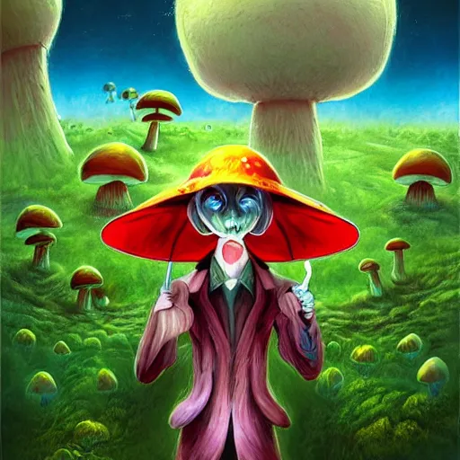 Image similar to 4 k headshot portrait of a psychedelic demonic anthropomorphic bunny rabbit with mushroom themed clothes, magic mushroom village in background by jeff easley, award winning, stylized neon, post - processing, masterpiece, superb resolution. in the art style of junji ito and greg rutkowski. detailed mushroom city in background. hyper realistic anime. perfect art. dalle 2