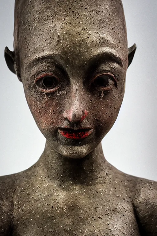 Prompt: A Rodin iron sculpture of creepy clown girl tears, dof, studio background