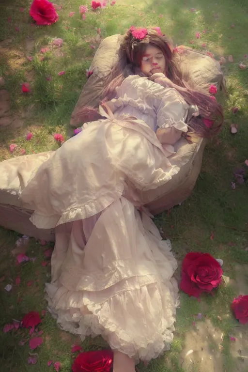 Prompt: a beautiful picture of a girl in lolita sleeps on the rose, by greg rutkowski and thomas kinkade, trending on artstation