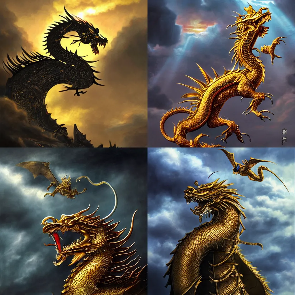 Prompt: Golden chinese dragon with black eyes flying among dark clouds, sunrays, high contrast, stephen Hickman and marc simonetti