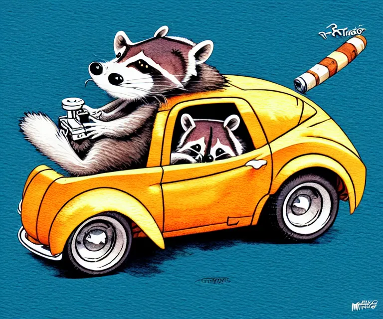 Prompt: cute and funny, ( racoon [ smoking cigar ] ) riding in a tiny hot rod with oversized engine, ratfink style by ed roth, centered award winning watercolor pen illustration, isometric illustration by watercolor girl, edited by range murata, tiny details by artgerm, symmetrically isometrically centered