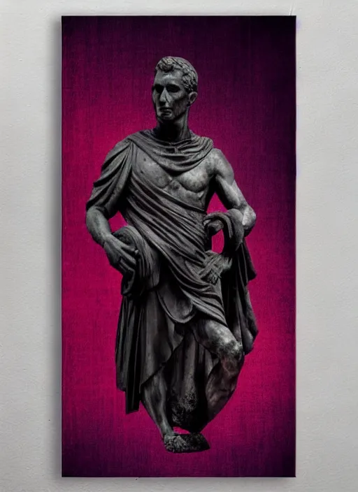 Image similar to elegant dark design poster showing a statue of the roman emperor julius caesar with a skull, black background with very subtle red and purple design elements, bold, powerful, nekro, vito acconci, thin straight purple lines, dark, glitch art, neo vaporwave, gritty, layout frame, square, trending on artstation