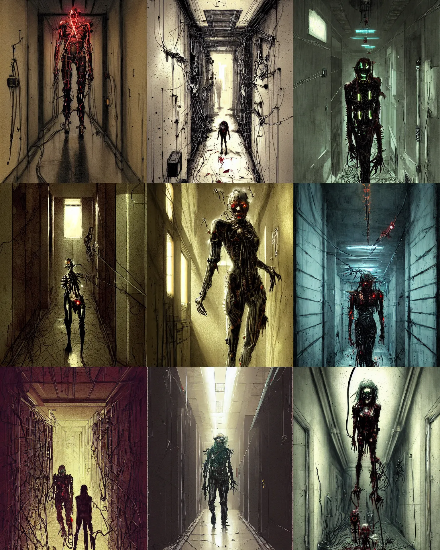 Prompt: cyborg zombie, wires, spikes, in a hotel corridor, horror art by greg rutkowski