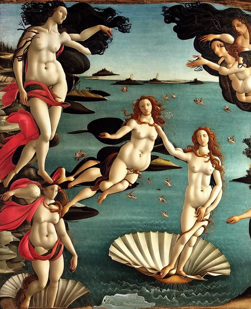 Prompt: Botticelli The birth of Venus as a pretty African Black woman with short black hair and black skin rising from the sea on a shell, accurate face