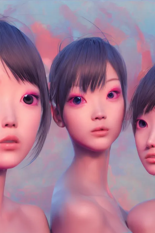 Prompt: 3d dark infrared octane render concept art by D. Jun, by Mo Xiang Tong Xiu, by Igarashi Daisuke, beauty portrait anime three schoolgirls under dark pink and blue water. pretty cute faces. good eyes. sunrise. dramatic light, trending on artstation, oil painting, noise.