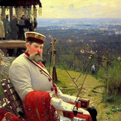 Image similar to portrait of russian tsar in Cap of Monomakh watching smartphone masterpiece painting by vasnetsov and surikov serov, JEAN-VICTOR BERTIN, by Terence Cuneo, detailed, artfully traced, 4k resolution, cinematic, dramatic