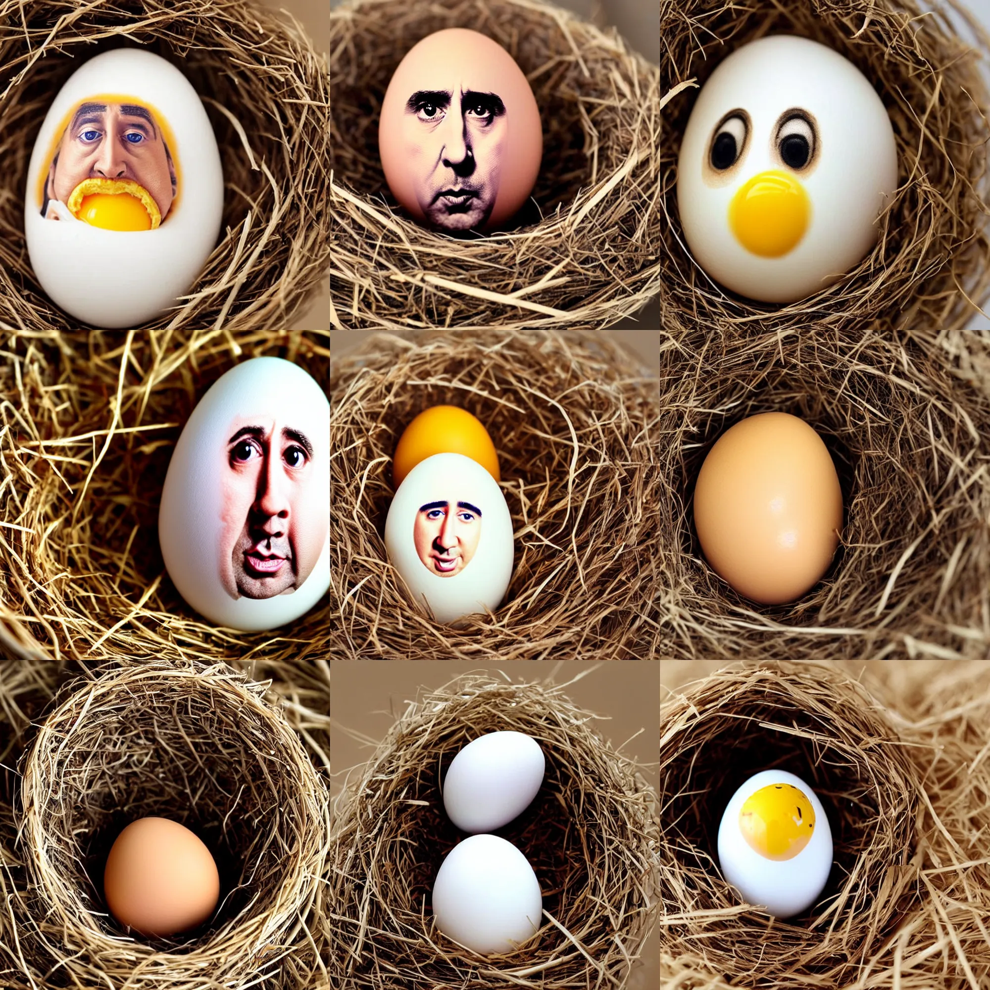 Prompt: an unhatched egg that looks like nicolas cage, nicolas cage's face on an egg, in a nest, macro shot, high detail photo, close up, cute, adorable