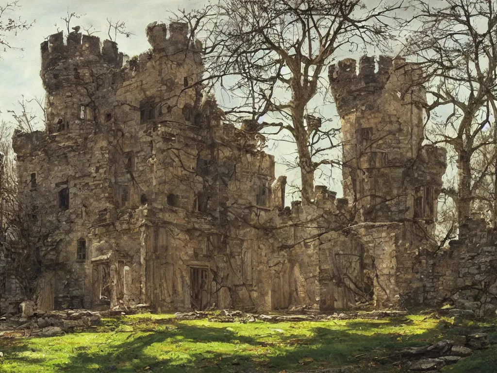 Image similar to A beautiful painting of a dilapidated ancient castle building in the wood, by Coby Whitmore, Trending on artstation, very detailed