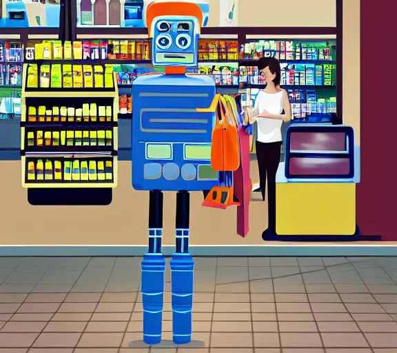 Prompt: a robot girl with a shopping bag, standing in a line to the cash register in a convenience store in warsaw ; photorealistic, near future, slice of life scene, digital art