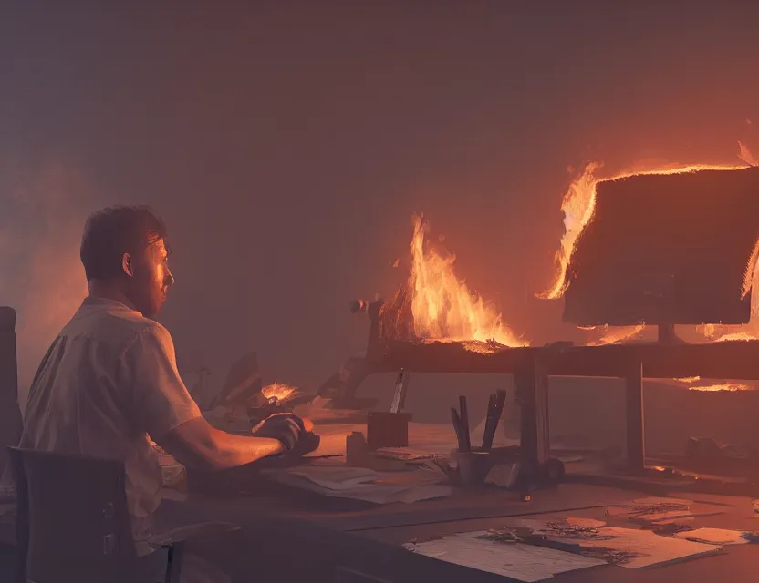 Image similar to a man works at a workstation in a very hot office with burning fires, local close up, featured in artstation, octane render, intricate, ultra detailed, fantasy, concept art, sharp focus, illustration, 8 k