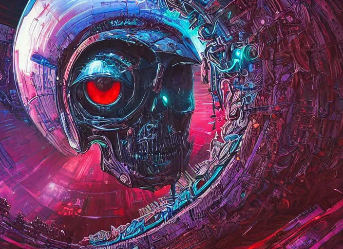 Prompt: a futuristic skull with glowing eyes and a wormhole tunnel cyberpunk art by android jones, cyberpunk art by dan mumford, featured on artstation, darksynth, synthwave