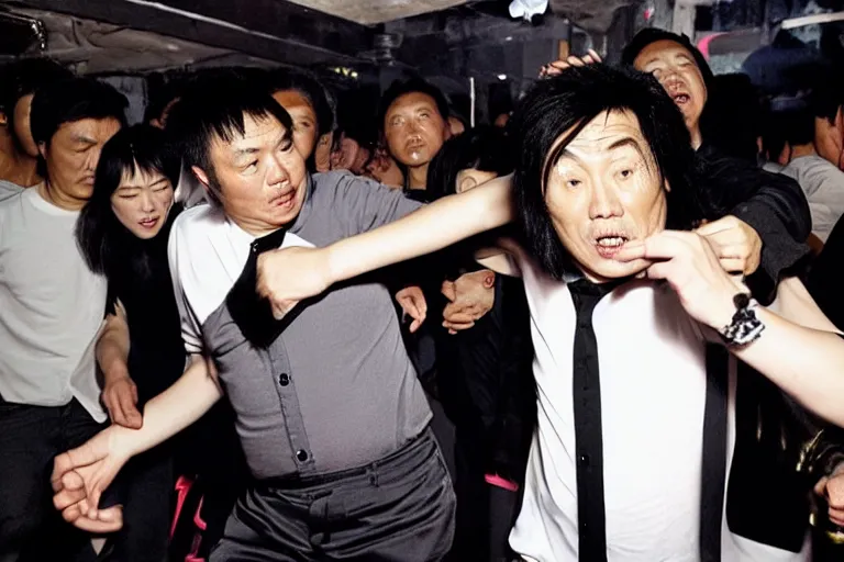 Prompt: a middle aged chinese dj with thick hair, wearing black trousers and grey shirt, in a nightclub. by david lachapelle