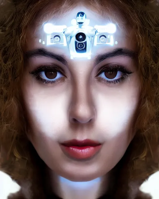 Prompt: centered portrait of flirtatious young sabrina salerno as a solarpunk mecha humanoid robotic parts and camera lens over left eye with bright led lights, real human face, pudica pose bouguereau style, white room, ultra - realistic and intricate, soft portrait shot 8 k