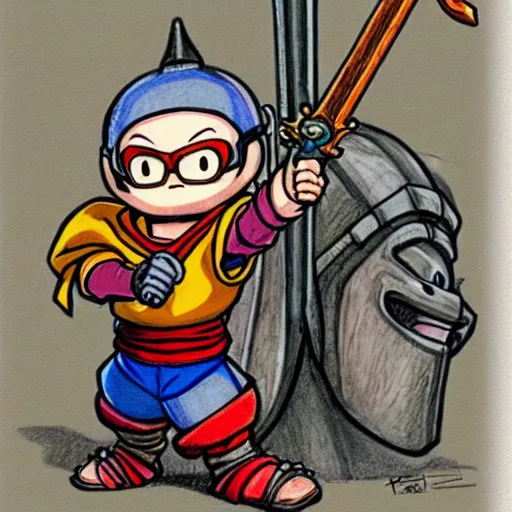 Image similar to medieval holy crusader beaver, original Akira Toriyama character design, holding an enormous sword, color pencil sketch, Akira Toriyama style