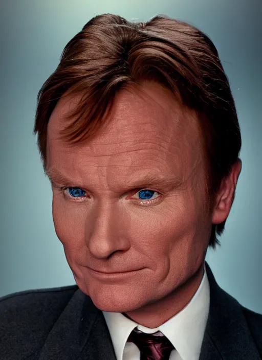 Image similar to platon closeup photograph of norm conan obrien in a suit, photorealistic, studio lighting, ektachrome, detailed, intricate, face detail