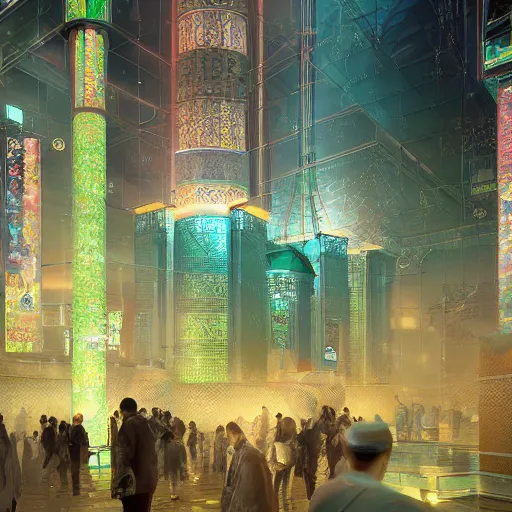 Image similar to Photorealistic cyberpunk mosque in crowded Tokyo. Hyperdetailed photorealism, UHD, amazing depth, glowing rich colors, powerful imagery, 3D octane cycle finalrender, 3d shading, cinematic lighting, artstation concept art