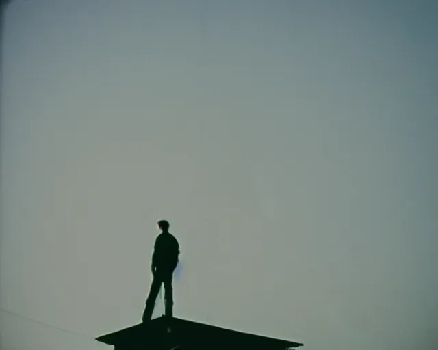 Image similar to lomo photo of man standing on the roof of soviet hrushevka, small town, cinestill, bokeh, out of focus