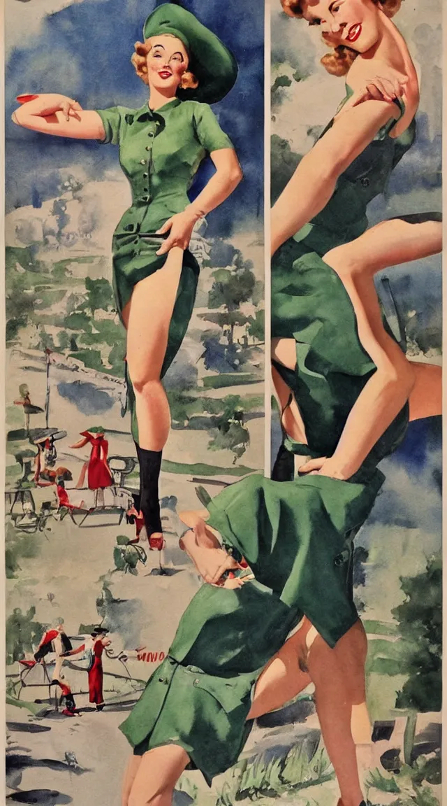 Image similar to full body pin up post war dressing a military unioform,with a park in the back ground, water color, Gil Elvgren style