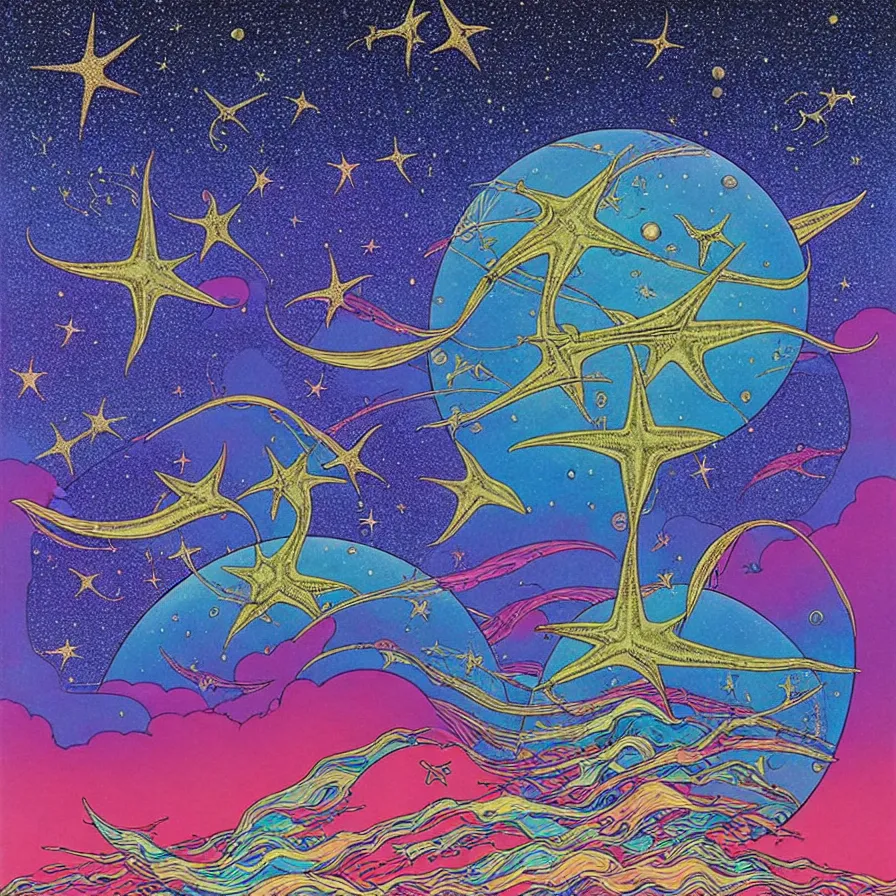 Image similar to ( ( ( ( shinning starry sky and sea, with decorative frame design ) ) ) ) by mœbius!!!!!!!!!!!!!!!!!!!!!!!!!!!, overdetailed art, colorful, artistic record jacket design