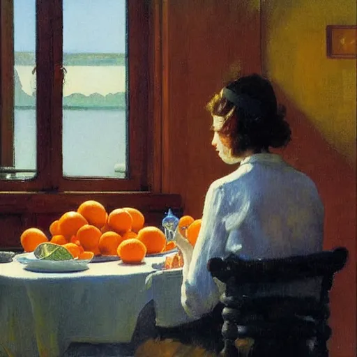 Image similar to oil painting of young leonard cohen in room with beautiful woman wearing second hand clothes, with bowl of oranges on table, and view through window of boat on river, by edward hopper, by norman rockwell, by eric fischl