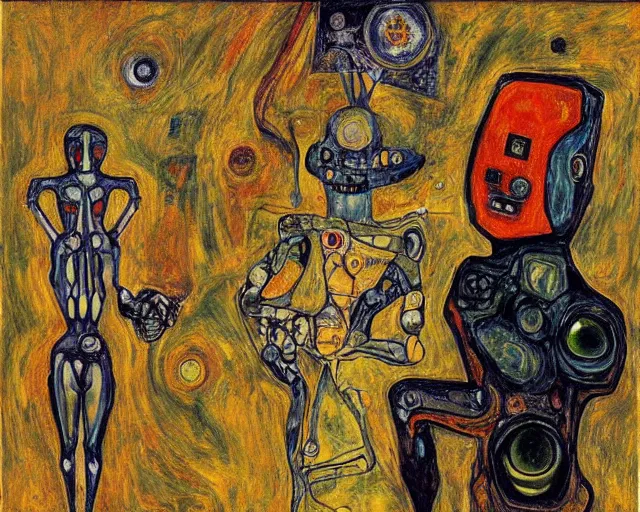 Prompt: a painting of a aliens and robots by graham sutherland, egon schiele!, gustav klimt, expressionism